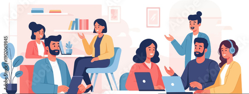 Diverse group of colleagues collaborating in a modern, brightly lit office environment