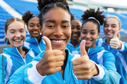 Group of athletes showing thumbs up at sports stadium during practice in sunny weather