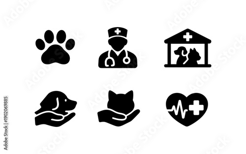 Veterinary icons set for animal care, clinic, and health services