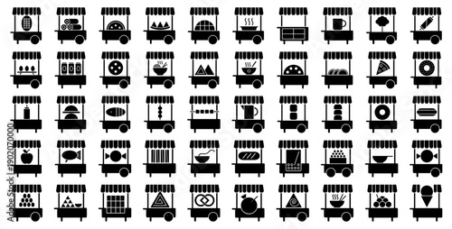 Street food stall icons in a black silhouette style featuring various snacks and meals