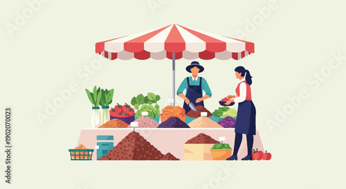 Diverse produce displayed at an outdoor market under a striped umbrella