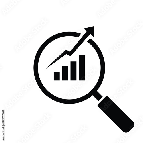 magnifying glass over bar chart showing upward trend and growth analysis icon, data analysis icon, business analysis icon, market analysis symbol, financial auditing, statistics, and performance data 