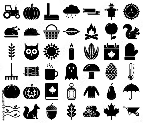 Autumn and fall season icons in a black solid glyph style featuring harvest and nature elements