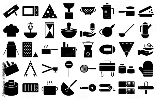 Kitchen tools and cooking equipment icons in a minimalist black filled silhouette style