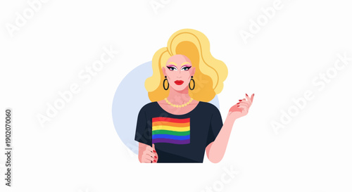 Drag queen with blonde wig and rainbow shirt, confident pose, light blue circle