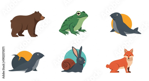 Collection of Six Diverse Animals in Flat Design Style.