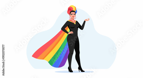 Drag queen with rainbow cape and colorful hair poses confidently