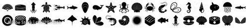 Sea life and seafood icons in a minimalist black filled glyph style for web design