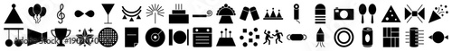 Party and celebration icons in a minimalist black filled glyph style for event planning design.