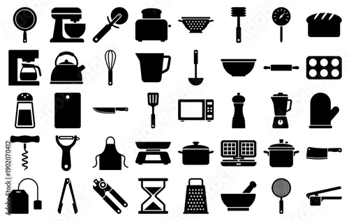 Kitchen appliance and cooking tool icons in a solid black silhouette style collection
