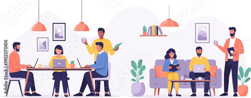 Diverse group collaborates and relaxes in a modern, bright office setting