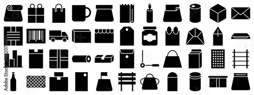 Packaging and shipping icons in a solid black glyph style for e-commerce and logistics design