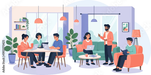 Diverse group collaborates and studies in a modern, well-lit home office setting