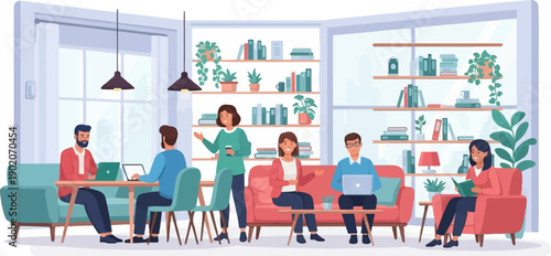 Diverse group collaborates in a bright, modern office with bookshelves