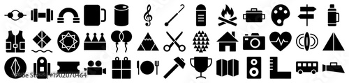 Outdoor adventure and camping icons in a black solid glyph style for travel and lifestyle design.