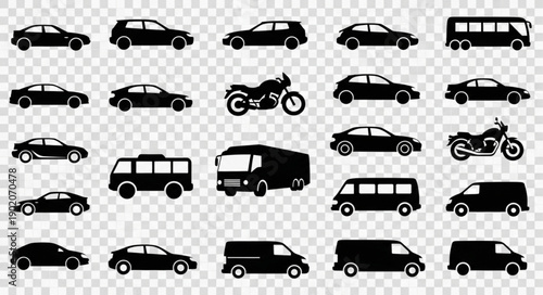 Collection of Silhouetted Vehicles on Transparent Background.