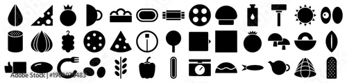 Food and kitchen icons in a black solid glyph style featuring groceries cooking tools and ingredients