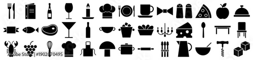 Restaurant and culinary icons featuring food, dining tools, and kitchen equipment in a black solid style.