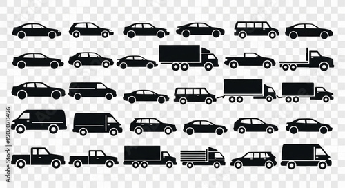 Collection of Silhouetted Vehicles on Transparent Background.