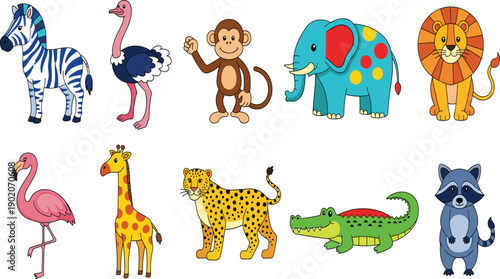 Wild animal vector illustration set with cute elephant zebra lion and giraffe for children's zoo posters or nursery wall decor