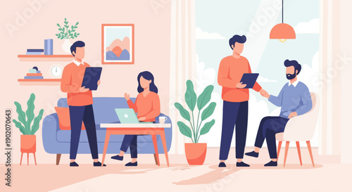 Four people in a modern office setting, working and collaborating