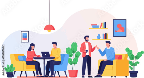 Four people in a modern office space, some working, some socializing