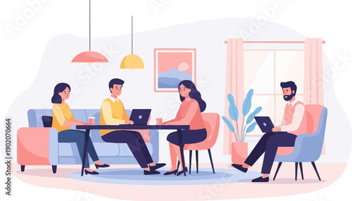 Four people in a relaxed indoor setting using laptops, with decor