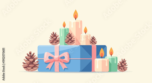 Festive gift box adorned with pinecones and lit candles