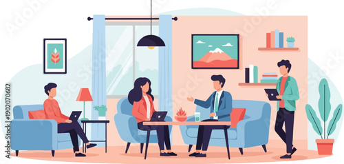 Four people in an office setting are working on laptops and tablets