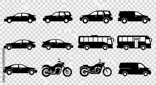 Collection of Silhouetted Vehicles on Transparent Background.