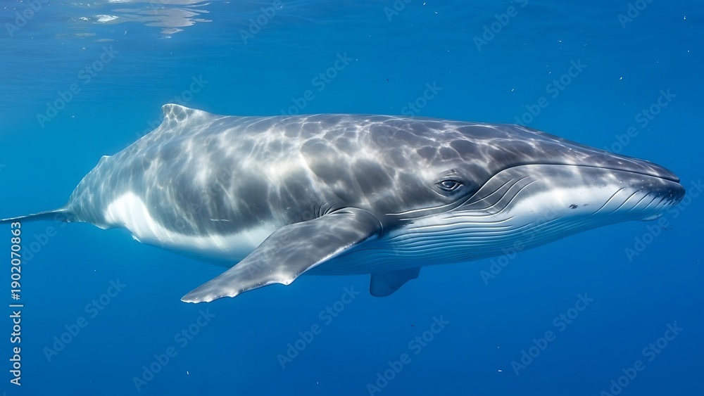 Fototapeta premium A majestic whale gracefully swimming underwater in the clear blue ocean, showcasing its distinctive dark grey and white markings.