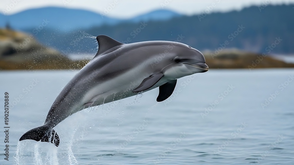 Obraz premium A beautiful grey and white dolphin gracefully leaps out of the ocean water, with a blurred natural landscape in the background, showcasing its agility and marine habitat.