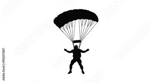 A striking black silhouette depicts a skydiver gracefully descending with an open parachute showcasing aerial freedom silhouette