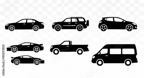 Collection of Silhouetted Vehicles on Transparent Background.