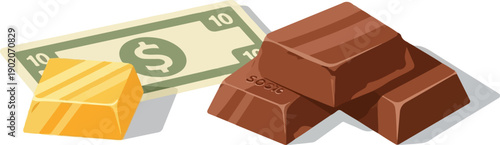 Flat design illustration of gold bar, chocolate bars, and dollar bill