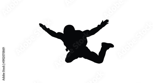 A dynamic black silhouette depicts a person in a joyful leaping pose seemingly suspended in mid air silhouette