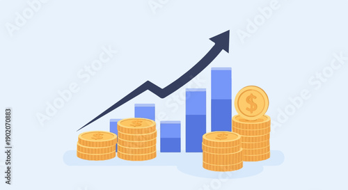 Flat design illustration of rising financial growth with coins and charts