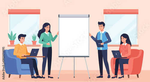 Four people in casual business attire gather around a blank whiteboard in an office