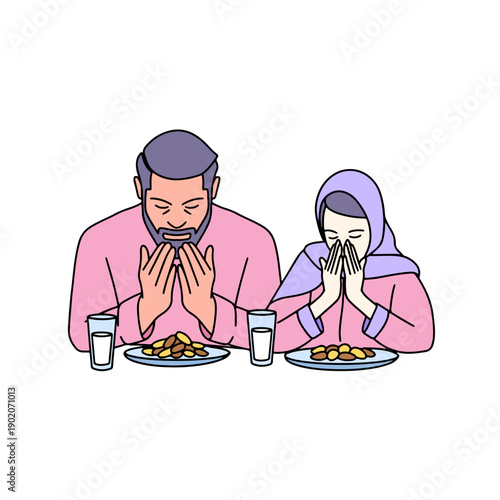 Muslim Couple Praying Iftar