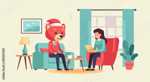Festive character consults with woman in cozy room