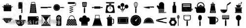 Kitchen utensil and cooking tool icons in a minimalist black filled silhouette style