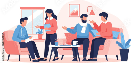 Four people, two men and two women, converse in a living room setting