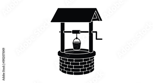 A stark black silhouette depicts a classic wishing well with a bucket brick base and roof silhouette