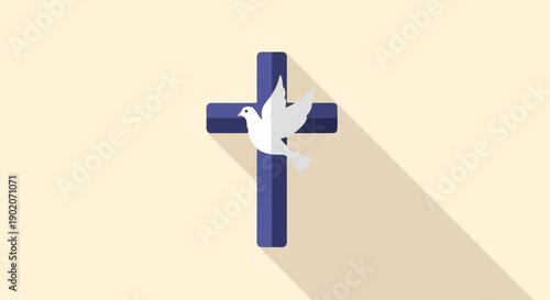 Flat design of a white dove flying across a purple cross