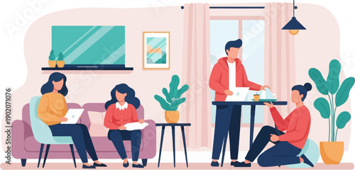 Four people work and relax in a modern living room setting