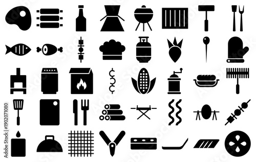 Barbecue and grilling icons in a black solid glyph style for outdoor cooking and BBQ themes.