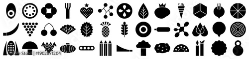 Food and vegetable icons in a minimalist black filled glyph style for healthy diet UI design