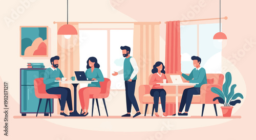 Diverse group works collaboratively indoors, enjoying a casual atmosphere