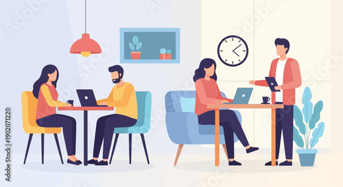 Diverse group works and relaxes in a bright, modern workspace