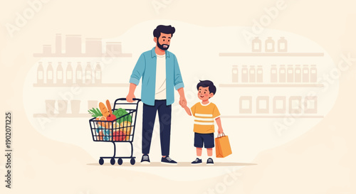 Father and son shopping for groceries, holding hands in store